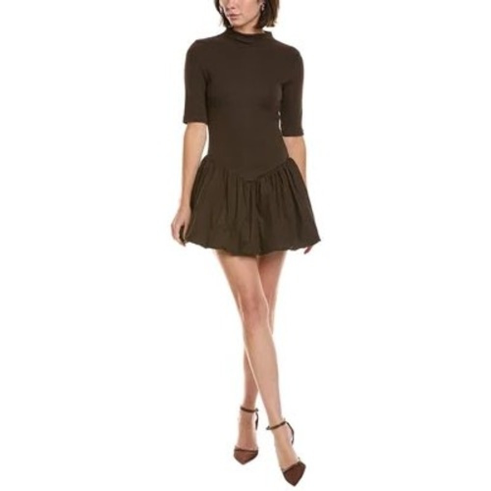Zara Brown Ribbed Mock Neck Bubble Hem Mini Dress Elbow Sleeve Large